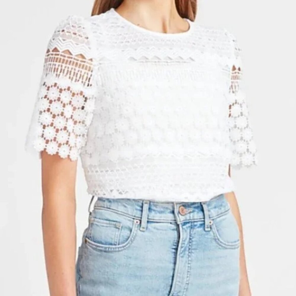 Express Lace Puff Sleeve Crew Neck Top S